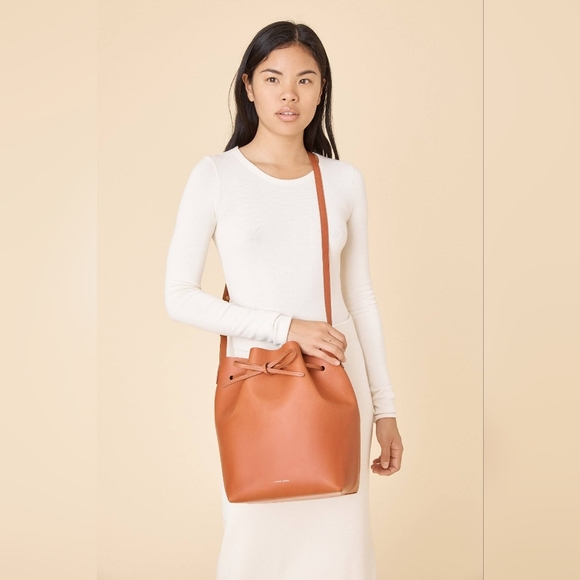 NWT Mansur Gavriel drawstring bucket leather bag in Brandy, Azure Interior - Picture 2 of 13